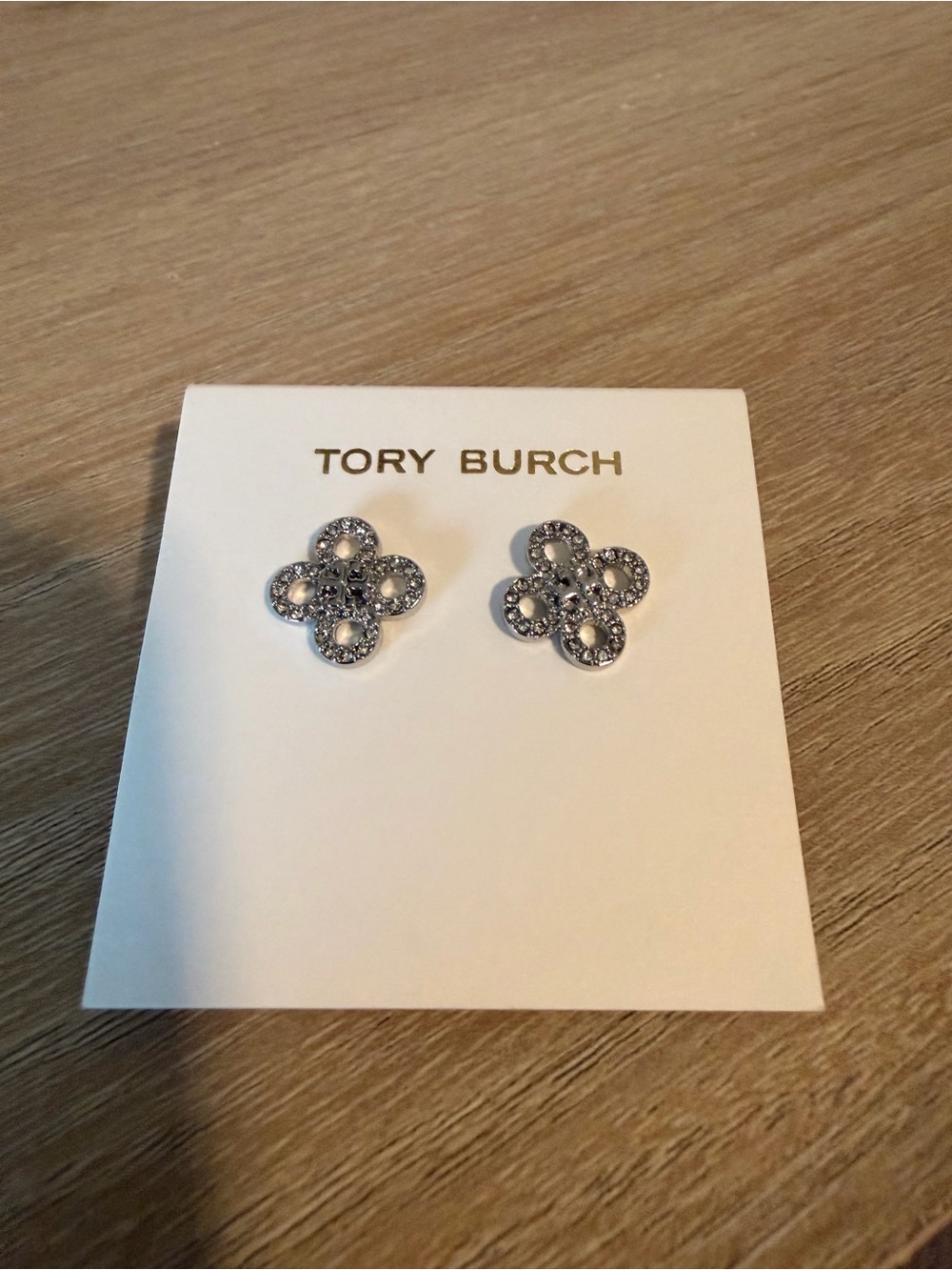 Tory Burch Gunmetal Floral Pavé Stud Earrings Logo Stud Earrings Silver Tone NWT - Picture 4 of 6